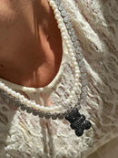 Colar Pérola com Ted com Zircônia Black em Prata 925 Banho de Ródio Branco