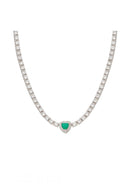 Colar Riviera 4 Garras - 3mm, Zircônia Branca Com Pingente Coração Esmeralda | 43 cm