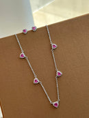 Conjunto com Mini Corações Pink e Cristal em Prata 925 Banho de Ródio Branco