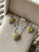 Conjunto Coração com Zircônia Cristal e Citrino em Prata 925 Banho de Ródio Branco