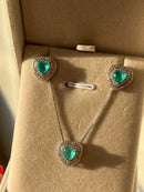 Conjunto Coração com Zircônia Cristal e Turmalina Leitosa em Prata 925 de Ródio Branco