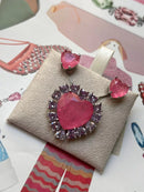 Conjunto Coração com Zircônia Lilás e Fusion Light Pink em Prata 925 Banho de Ródio Branco