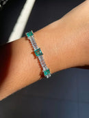 Pulseira com Baguete Cristal e Carrê Turmalina (Fecho Joia) em Prata 925 de Ródio Branco