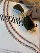 Riviera com Coração Cristal e Pink e Coração Liso (Fecho Joia) em Prata 925 de Ródio Branco